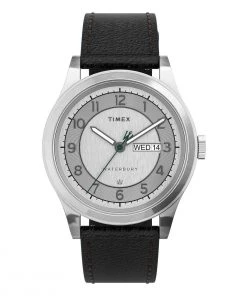 TIMEX WATERBURY TRADITIONAL DAY-DATE 39MM LEATHER STRAP - STAINLESS-STEEL/BLACK/SILVER-TONE