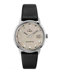 TIMEX 1978 REISSUE DAY-DATE 35MM LEATHER STRAP WATCH - STAINLESS-STEEL / BLACK / SILVER-TONE