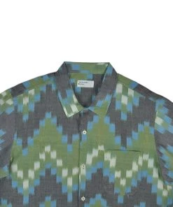 UNIVERSAL WORKS S/S ROAD SHIRT - GREEN ZIGZAG HANDLOOM IKAT Clothing